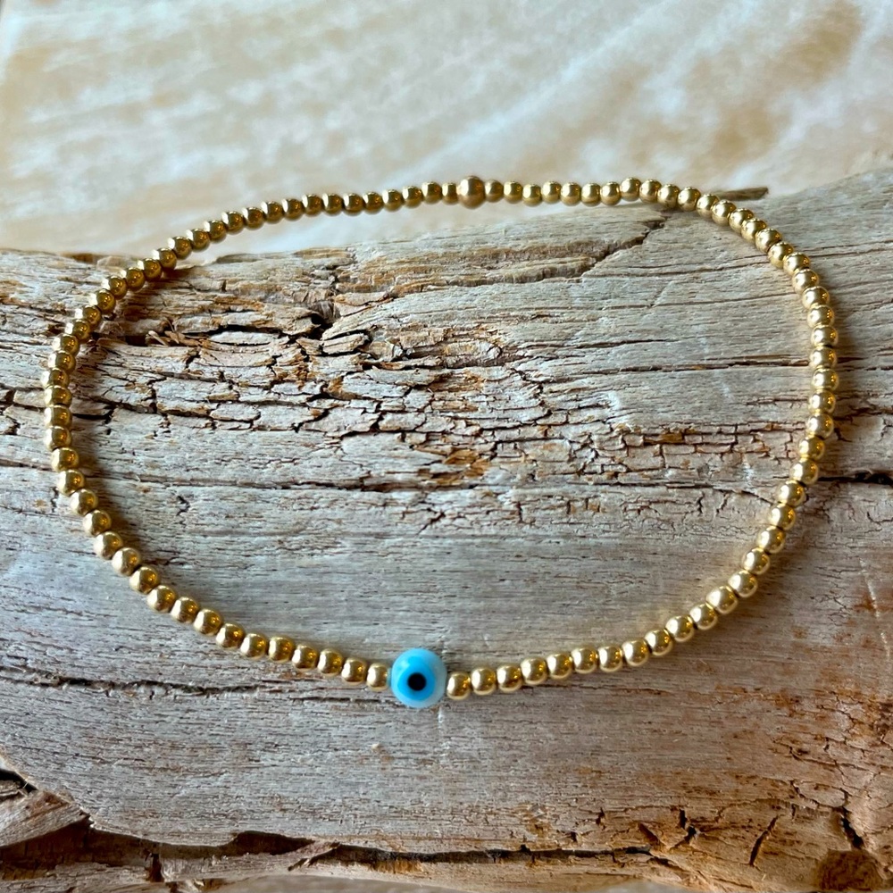 Evil eye Handmade 14k gold filled stretch tiny mother of pearl evil eye bracelet